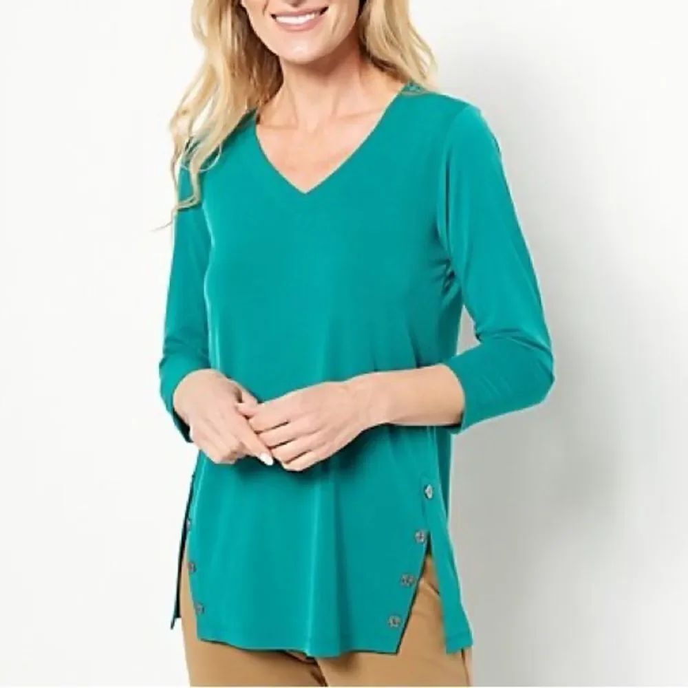 Susan Graver Liquid Knit 3/4 Sleeve Button Panel Tunic